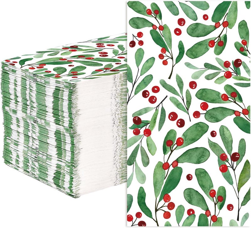 Grencian 100Pcs Christmas Paper Napkins Disposable 3 Ply Watercolor Holly Leaves Berries Napkins Christmas Dinner Napkins Disposable Hand Towels for Bathroom Home Kitchen Xmas Party Decorations - Image 1